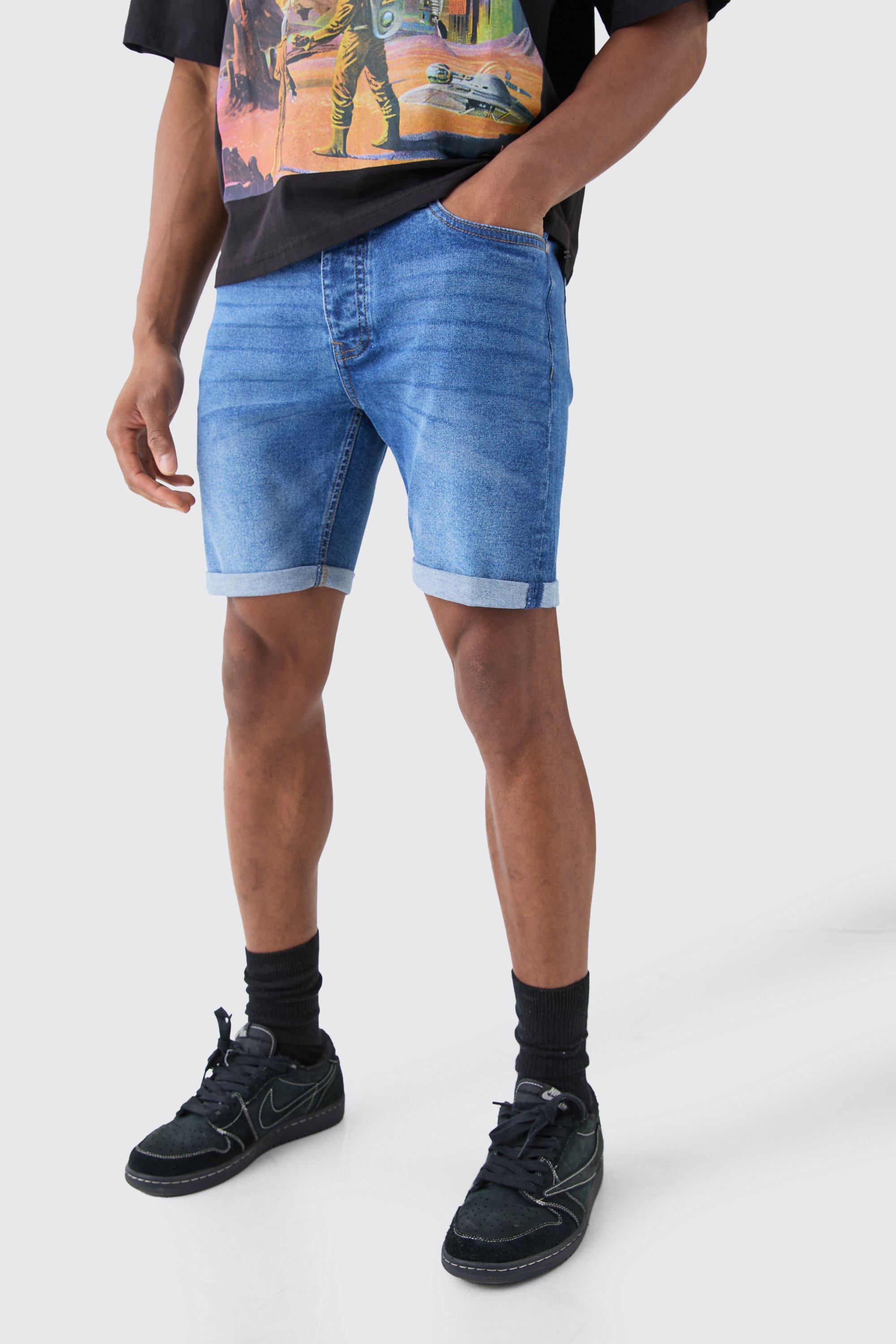 Mens Skinny Stretch Denim Shorts In Mid Blue, Blue